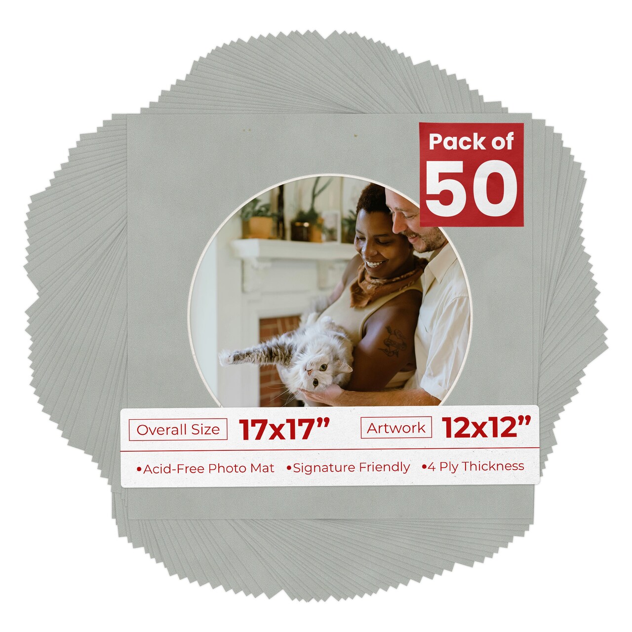 Light Grey Suede Mat Board for 17x17 Frames - Circle Opening for 12x12 Photos